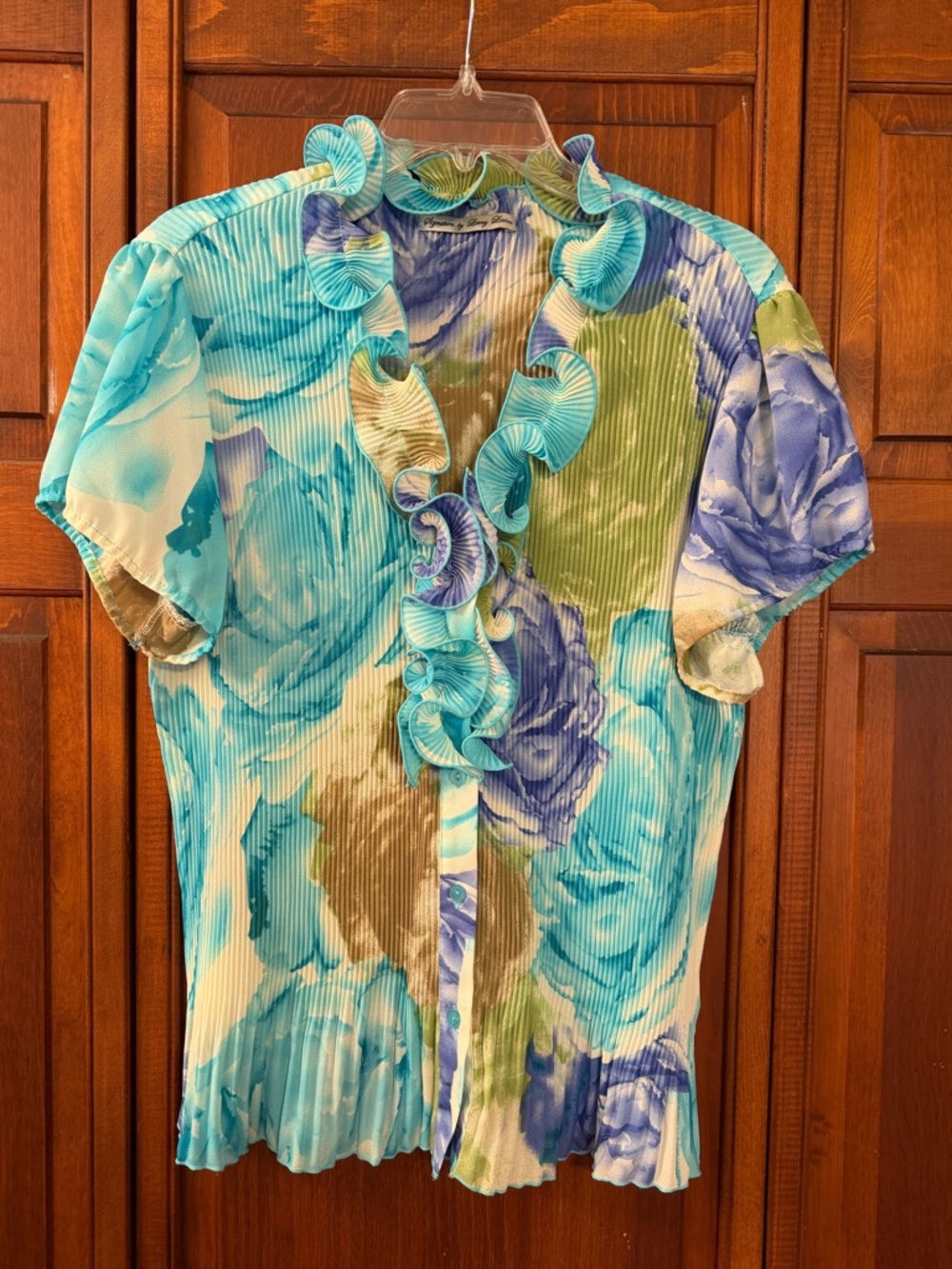 Ruffled Floral Button-Front Blouse - Aqua Blue & Green
